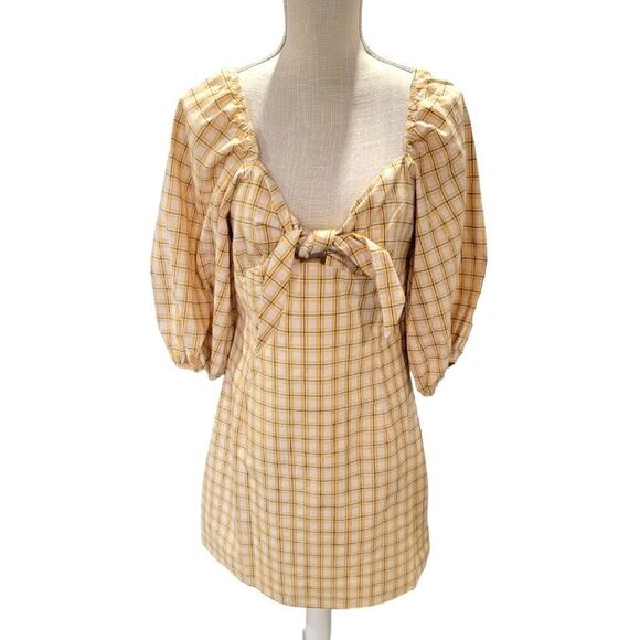 English Factory Yellow Plaid Front Tie Dress L - Picture 1 of 4